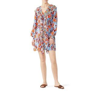 Stine Goya Skylar Red Blue Printed Ruffle Silk Mini Dress Women's Size Large L